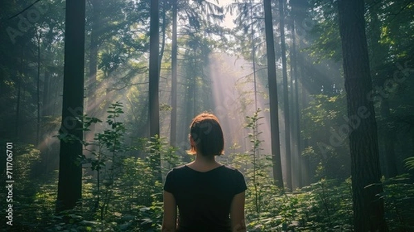 Fototapeta Woman facing away, standing in a dense forest with sunlight filtering through the tall trees generative ai