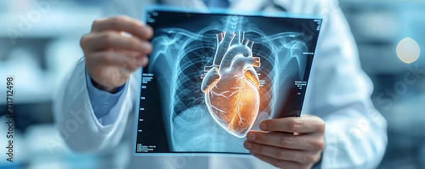 Fototapeta A healthcare professional examining a detailed x-ray image of a human heart, highlighting the intricate cardiovascular structures ,Doctor Analyzing Heart X-Ray