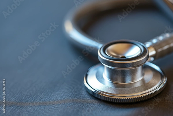 Fototapeta A professional-grade stethoscope focused closely, resting on a dark textured background, symbolizing healthcare and diagnostics..