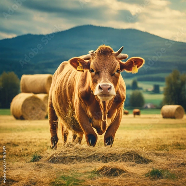 Fototapeta a cow on a ranch stands against the background of haystacks