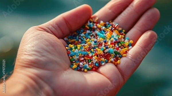 Fototapeta A close-up image of a human hand holding a collection of microplastics, showcasing the small, colorful fragments of plastic waste against skin.