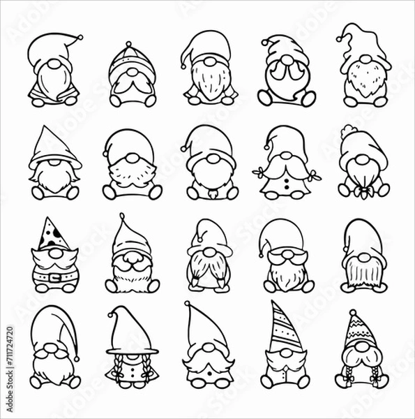 Fototapeta Christmas gnome dwarf outline drawing vector SVG