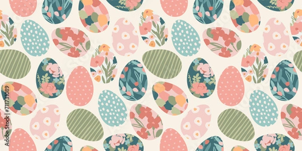 Fototapeta Happy Easter. Vector seamless pattern. Easter eggs with abstract flowers.