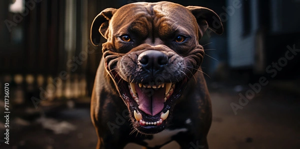 Fototapeta Angry dog snarling at the camera. Aggressive dog shows dangerous teeth. Generative AI