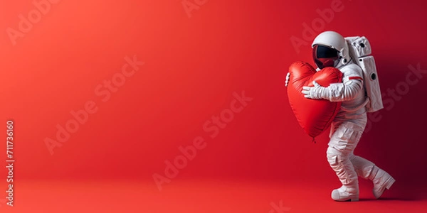 Fototapeta Astronaut hugging a large soft red heart on red background. Generative AI