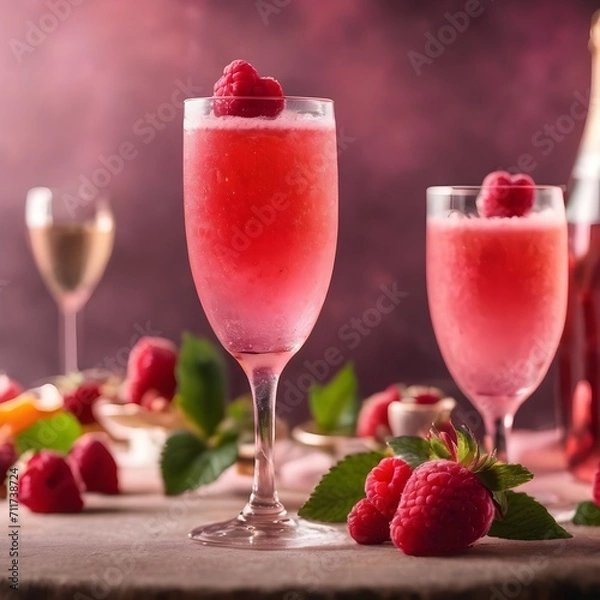 Fototapeta Pink cocktail with champagne or prosecco and fresh raspberries for St. Valentine day