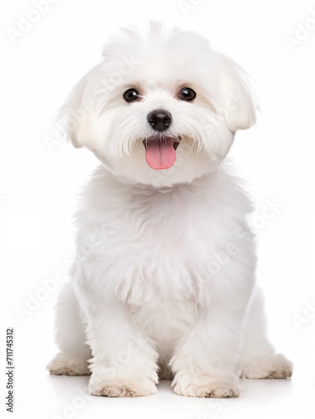 Fototapeta Happy maltese bichon dog  sitting looking at camera, isolated on all white background