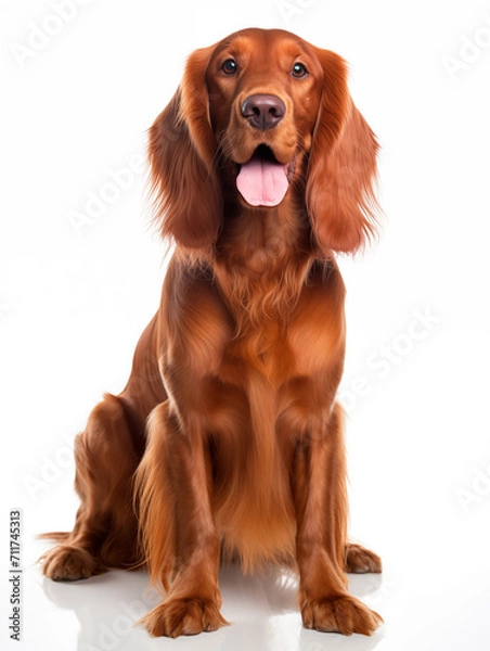 Fototapeta Happy irish setter dog sitting looking at camera, isolated on all white background