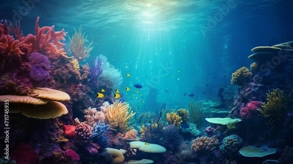 Fototapeta A mesmerizing underwater scene with colorful marine life and coral reefs, providing a corner space for text overlay in the aquatic environment - Generative AI