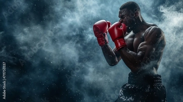 Fototapeta Intense boxer readying for a fight amidst dramatic mist. Perfect for sports themes and powerful narratives.