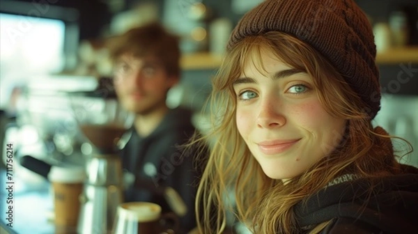 Fototapeta Smiling young woman in beanie enjoying time in a cozy cafe
