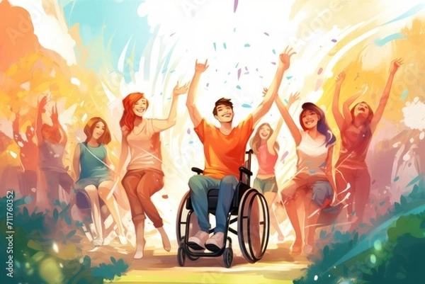 Fototapeta A man in a wheelchair is surrounded by a diverse group of individuals enjoying each others company at a park, happy people in wheelchair in park, Disabled person, AI Generated