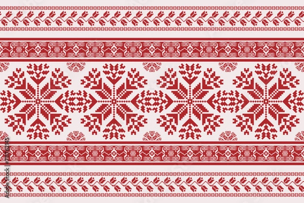 Fototapeta Folk embroidery cross stitch floral border pattern. Vector ethnic red-white geometric floral seamless pattern. Folk floral embroidery pattern use for textile, home decoration elements, upholstery, etc