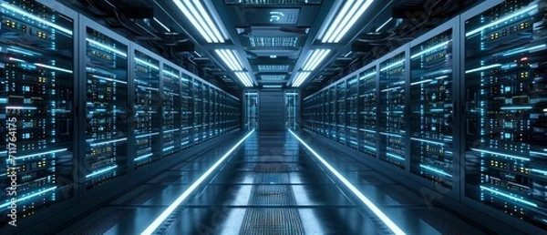 Fototapeta Envision a visually captivating server room, Rows of high-tech servers neatly organized in racks create a sleek backdrop.