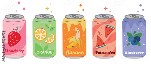 Fototapeta Vector set of various delicious carbonated drinks, flat soda isolated on white background
