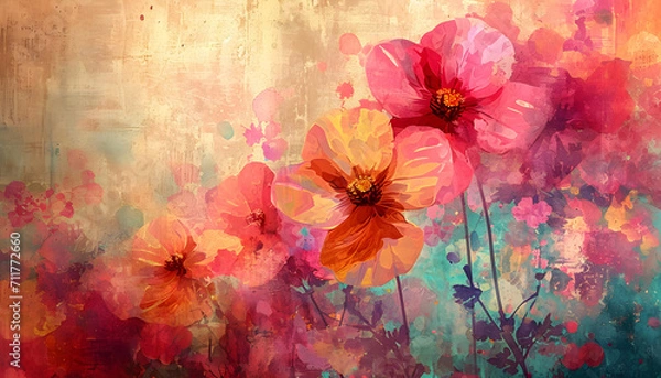 Fototapeta Grunge style colorful abstract art with paper texture and watercolor background, featuring flowers and plants. Perfect for modern and contemporary design projects.