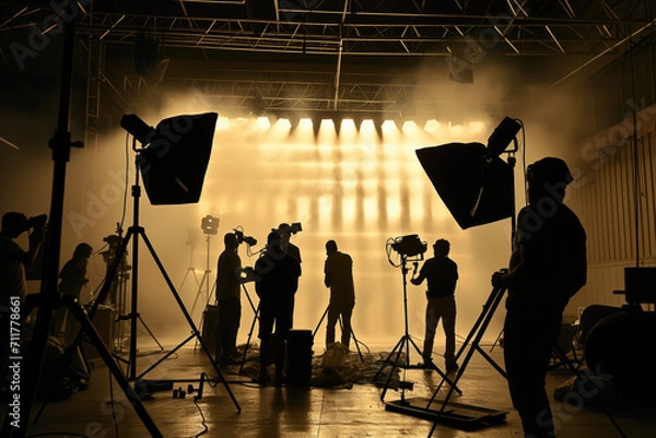 Fototapeta Silhouette people working in studio with equipment and lighting for making movie or commercial	