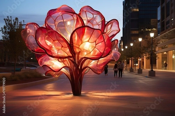 Fototapeta Large red illuminated glass tree sculpture in urban plaza at twilight