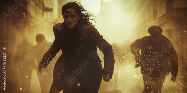 Obraz a woman in an action movie running toward the camera