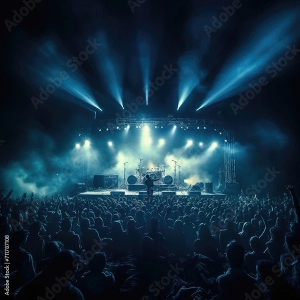 Obraz view from behind the public,Music concert in the night on stage, in the style of light sky-blue and dark gray