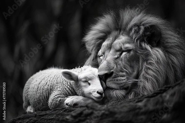 Fototapeta Lion resting beside a peaceful lamb, symbolizing the harmony and peace found in the Kingdom of God.