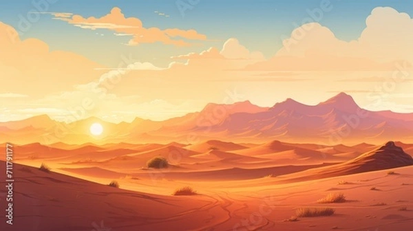 Fototapeta A picturesque desert vista with sand dunes and a beautiful sunset, providing an open area for text placement against the desert backdrop. - Generative AI