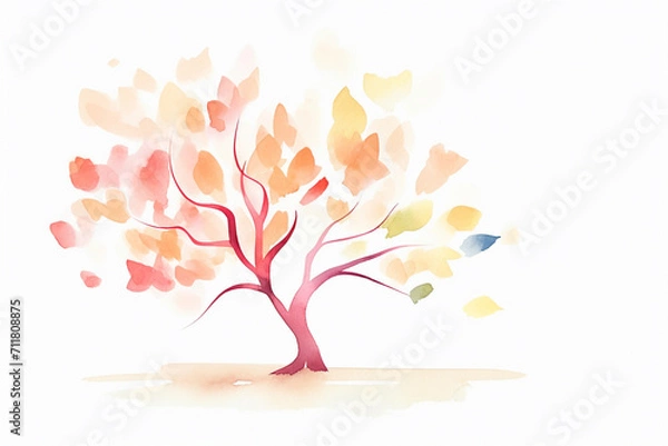 Fototapeta Tree, abstract art , cartoon drawing, water color style, AI Generated