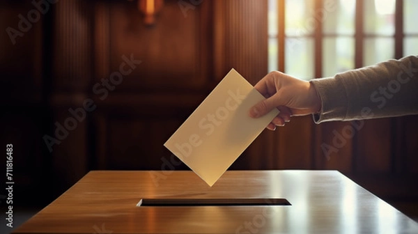Fototapeta A hand of man putting his ballot in election box. Voit, election.