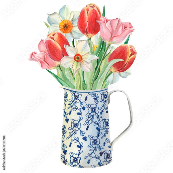 Fototapeta Spring watercolor bouquet in white ornamental vintage vase. Light pink tulips, red tulips, white daffodils for greeting card, postcard etc.