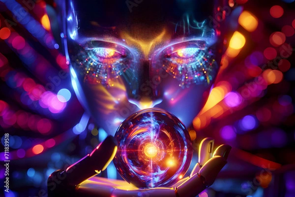 Fototapeta 
Artificial Intelligence clip art neon light with a crystal sphere in hand on the bokeh background blue eyes