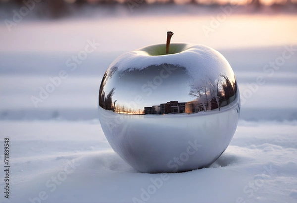 Fototapeta closeup image  reflection of a winter_snow_scene at sunset, seen in a perfect polished chrome apple, sitting on fresh snow sunset on the snow
