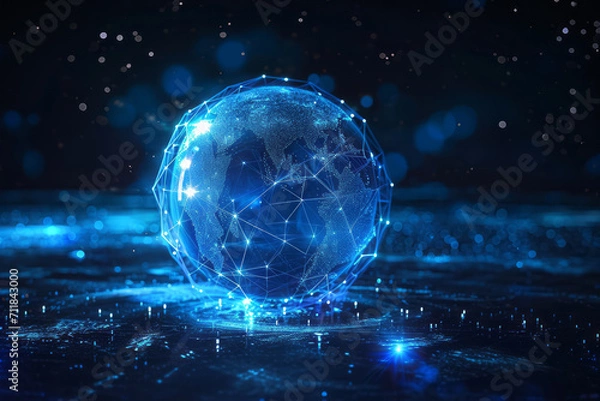 Fototapeta Earth's radiant blue sphere holograme floating in the cosmic expanse, surrounded by stars, symbolizing global connectivity, technological advancement.