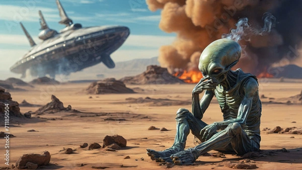 Obraz funny illustration of a sad alien smokes near to crashed alien space ship UFO on desert, generative AI