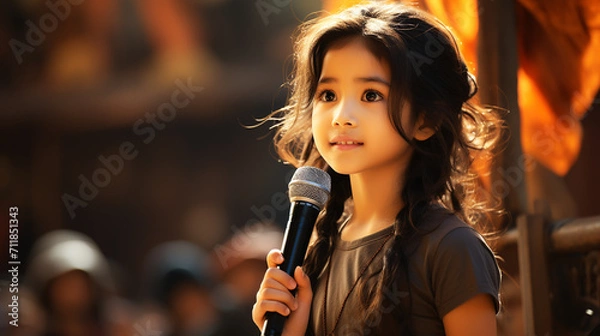 Fototapeta child with microphone on stage