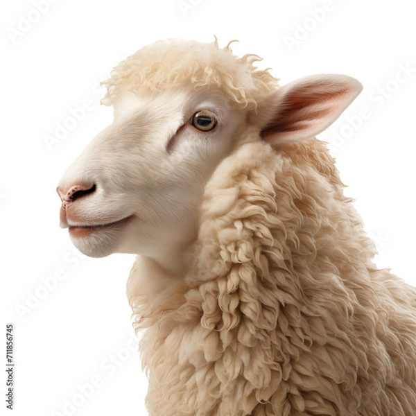 Fototapeta white sheep close up profile on isolated white background.
