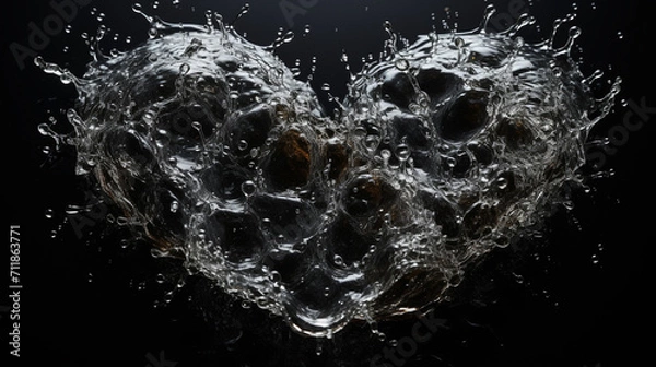 Fototapeta Splashes of water in the shape of a heart on a black background. 3d illustration