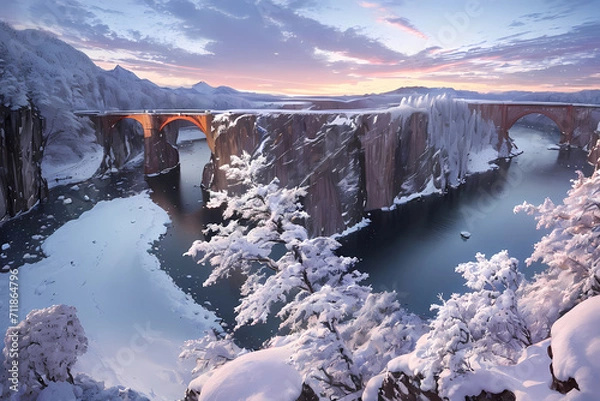 Obraz Riverside covered with snow. Generative AI.