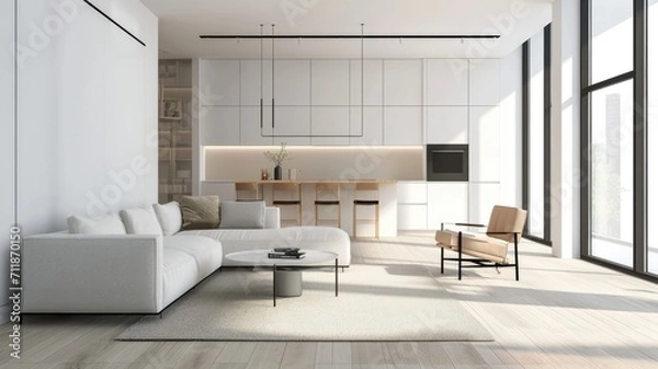 Fototapeta clutter-free living room with clean lines, neutral colors, and minimal furniture to create a serene and modern ambiance