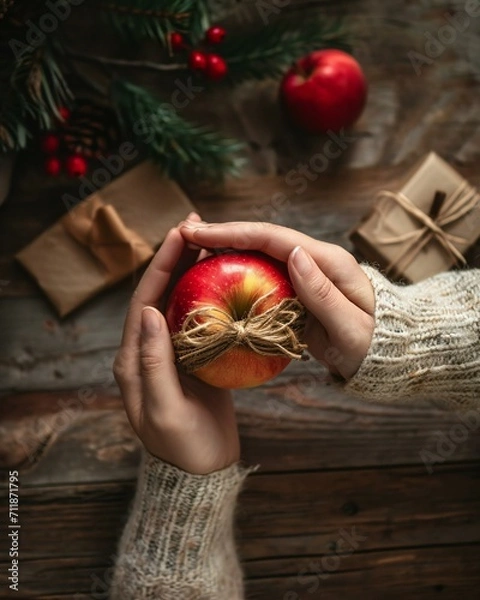 Obraz Rustic Christmas Concept with Hand Holding Apple