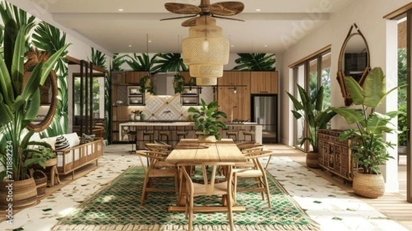 Fototapeta interior inspired by tropical vibes, featuring bold prints, greenery, and natural textures to create a vacation-like setting