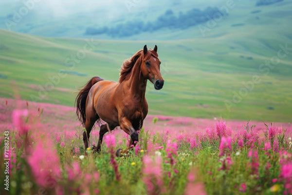 Fototapeta Peaceful background - brown horse running on green grass meadow with pink flowers