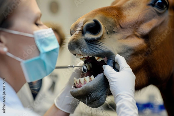 Obraz Horse being examined and having his teeth cleaned and floated by veterinary dentist