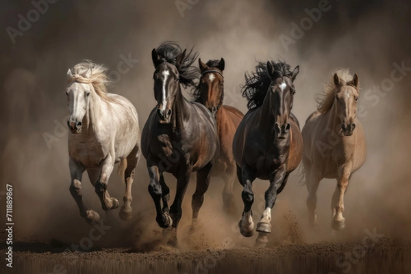 Fototapeta Horse herd portrait run fast against dark sky in dust