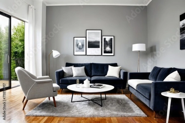 Fototapeta Elegant Simplicity, The Living Room Graced with a Palette of Soft Grays and Whites