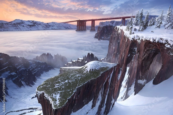 Obraz Riverside covered in snow. Generative AI.