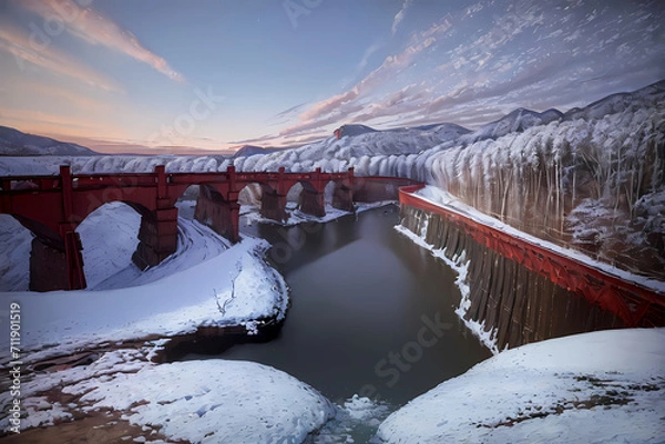 Obraz Riverside covered in snow. Generative AI.