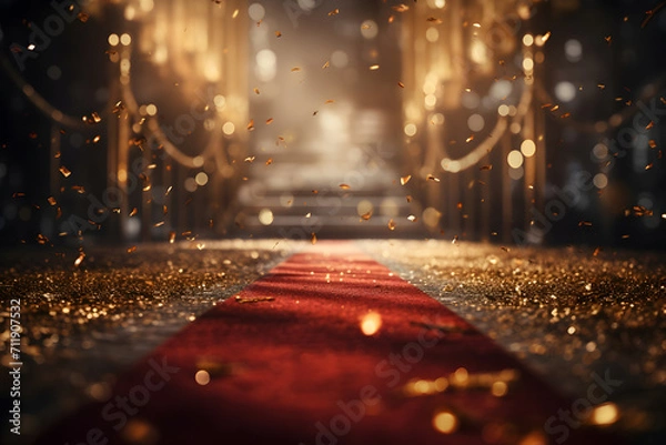Fototapeta Awards show dark red carpet path with a golden barrier, celebrity's event realistic composition.