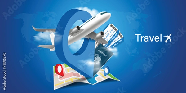 Obraz airplane, cloud, blue passport, luggage or baggage appeared and displayed in front of large pin location for travel design, vector 3d on blue background for summer travel advertising design