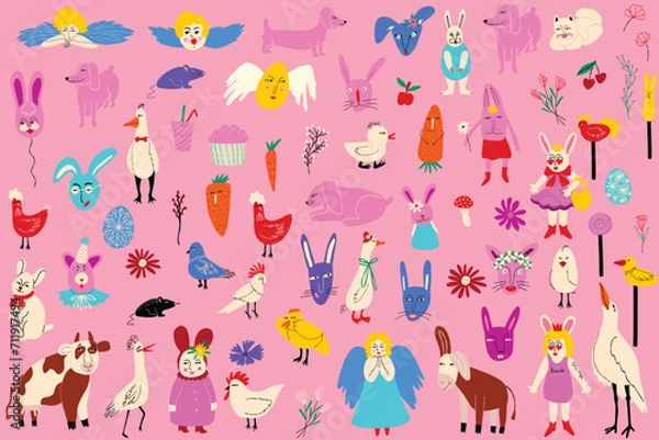 Obraz Vibrant cartoon comic Easter characters and farm animals. Funky bizarre characters in modern flat hand drawn style