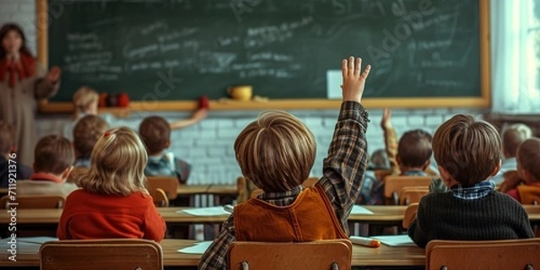 Fototapeta A child in a school class raises his hand to ask the teacher. Scene seen from behind